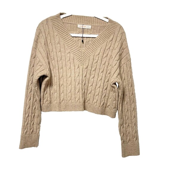 ANWND Cropped Cable Knit Sweater Womens Sz M Oatmeal Color V-neck - Picture 1 of 7